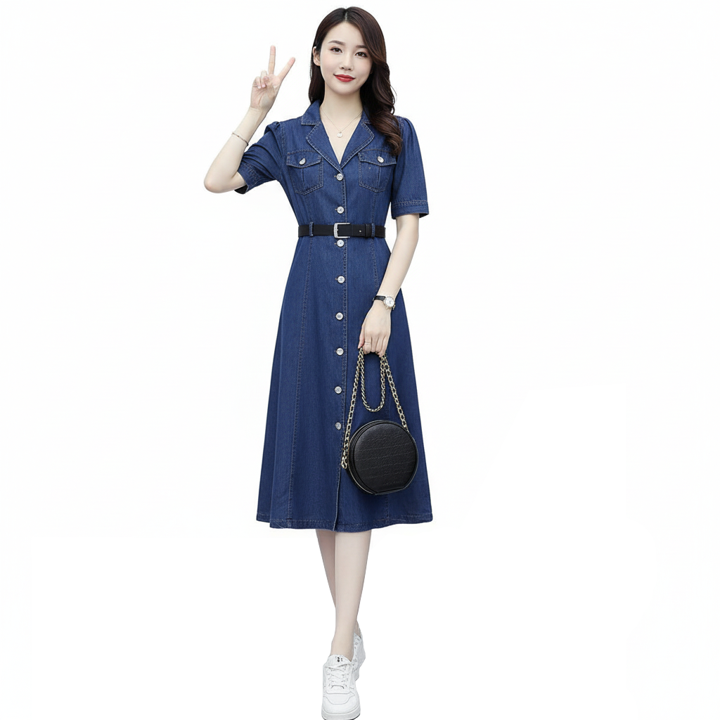 Denim Dress for Women - Women’s Dark Blue A-Line Denim Dress (Half Sleeves)